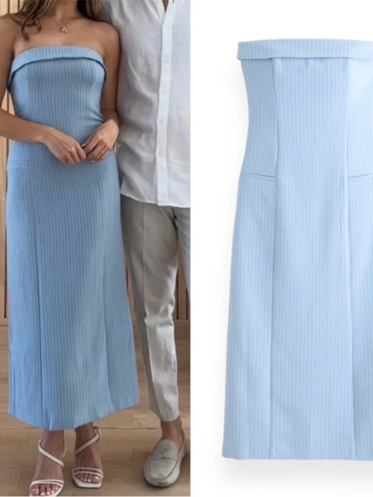 Nwt Abercrombie & Fitch Strapless Tailored Midi Dress In Light Blue Stripe (Sp)